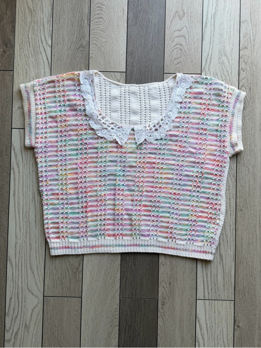Vintage Pastel Crochet Knit Top with Lace Collar
